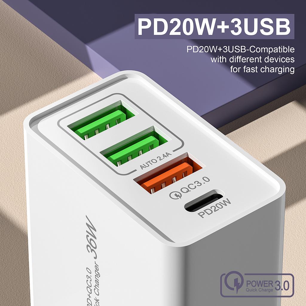 Cargador 36W PD20w+3USB 